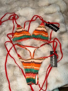 ONEONE Orange Multi-Stripe Ribbed Triangle Bikini